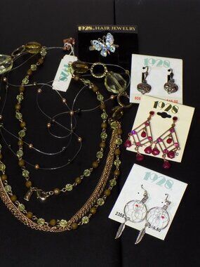 Lot of 6 1928 Earrings, Necklaces & Hair Clip Bundle.  New, Vintage, Deadstock